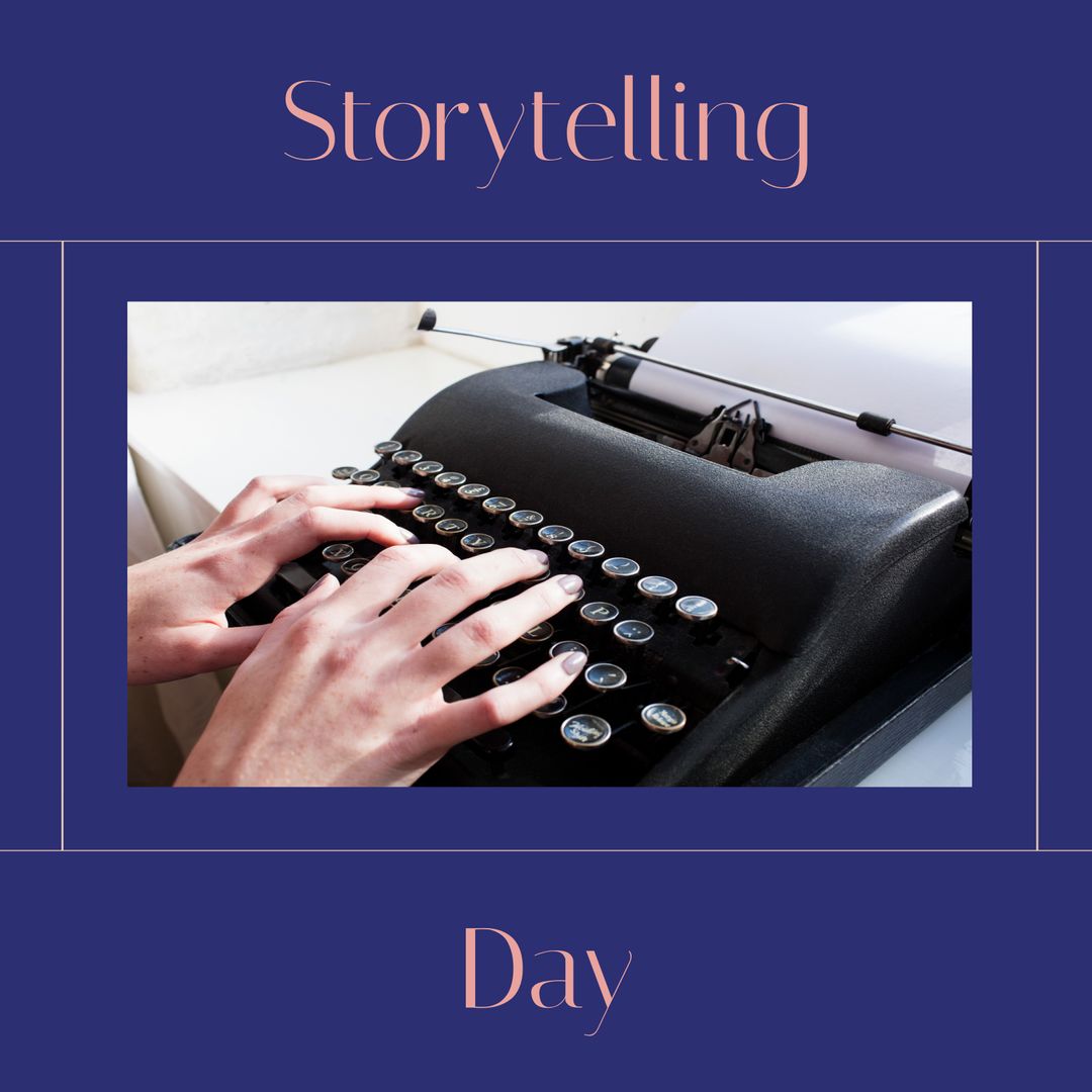 Caucasian Woman with Typewriter Celebrating Storytelling Day