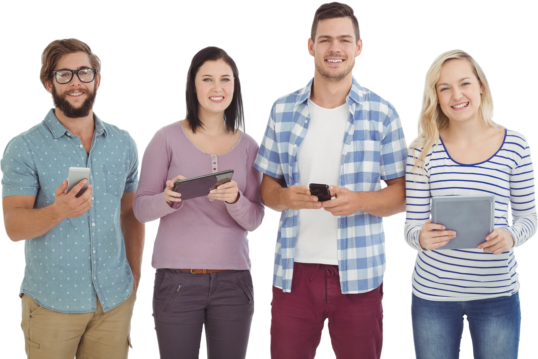 Diverse Group Smiling Holding Electronic Gadgets, Transparent Background - Download Free Stock Images Pikwizard.com