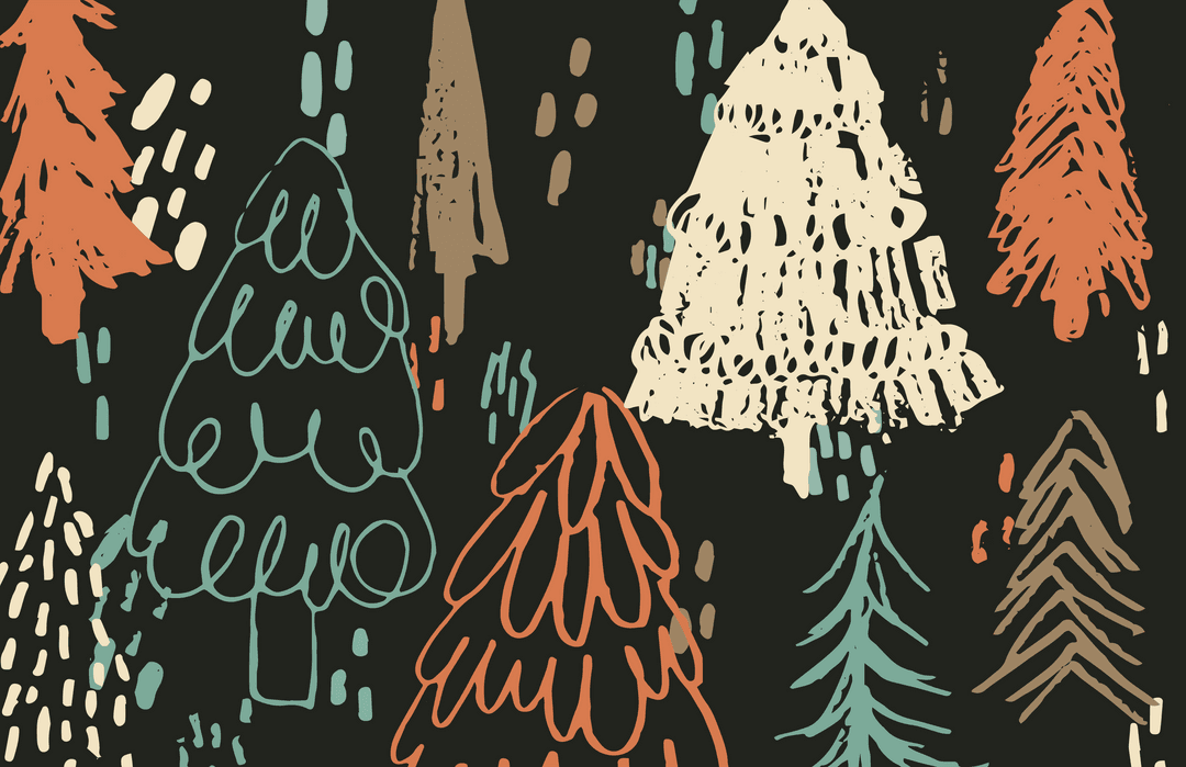 Colorful Winter Christmas Trees on Transparent Dark Background