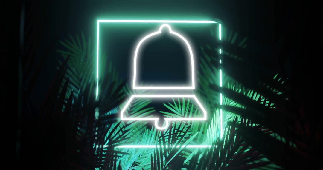 Neon Bell Icon with Ambient Plant Leaves on Dark Background