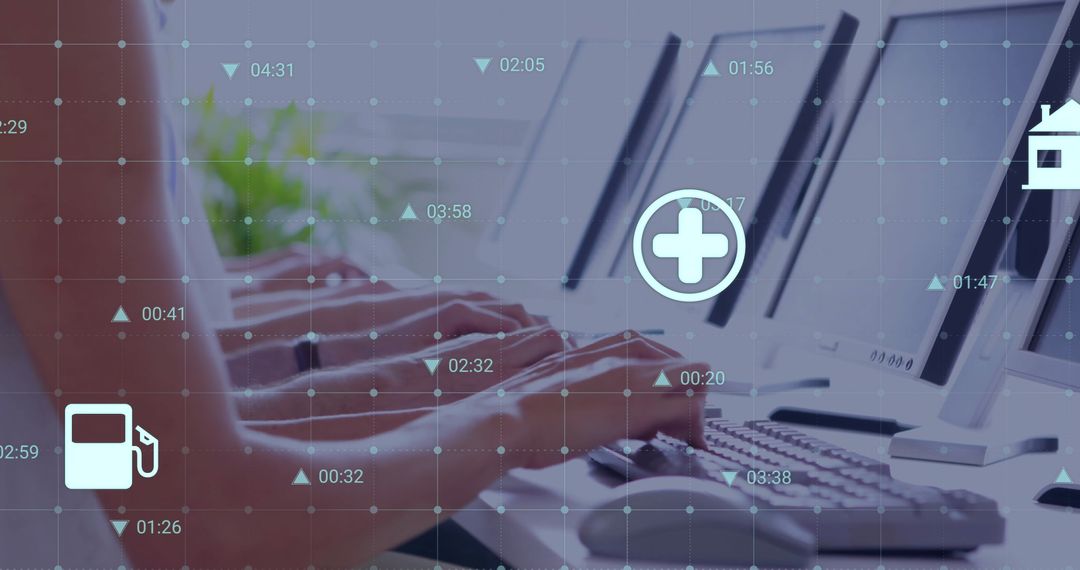 Modern Office Workspace with Digital Interface and Technology Elements