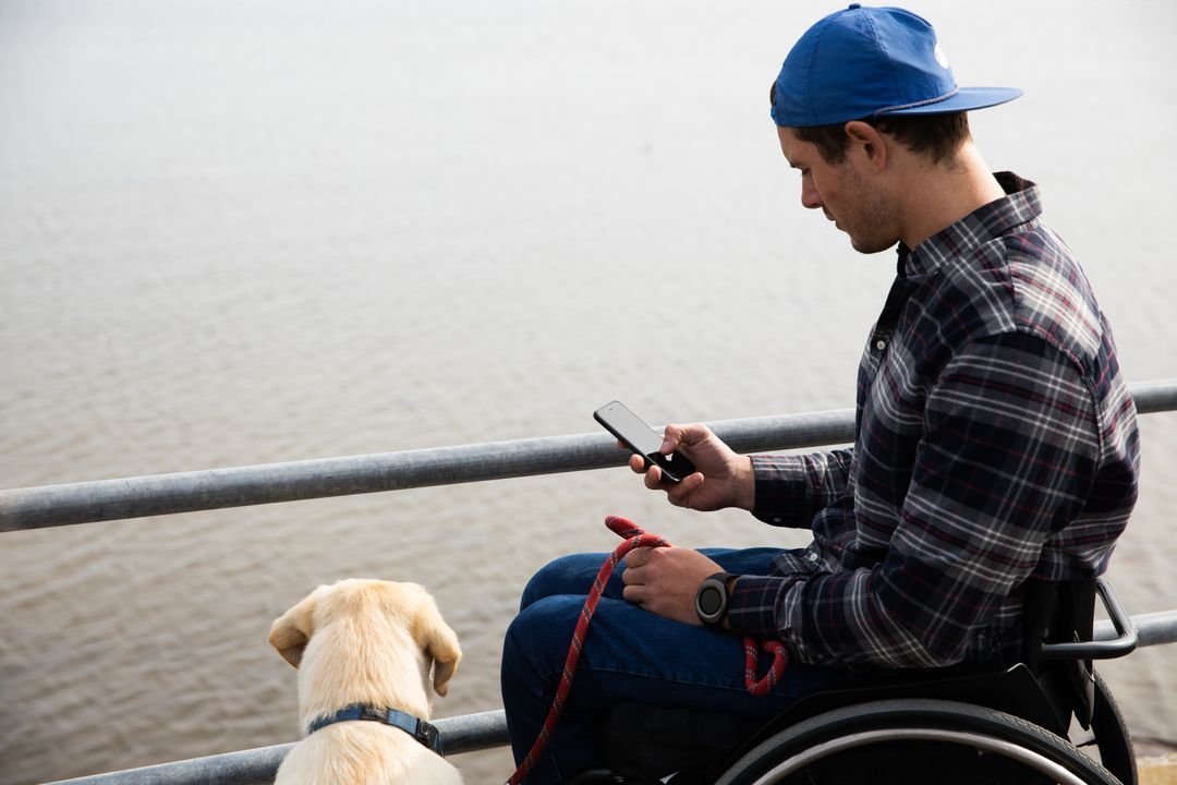 Young man in wheelchair looking at his phone next to his dog - Free Images, Stock Photos and Pictures on Pikwizard.com