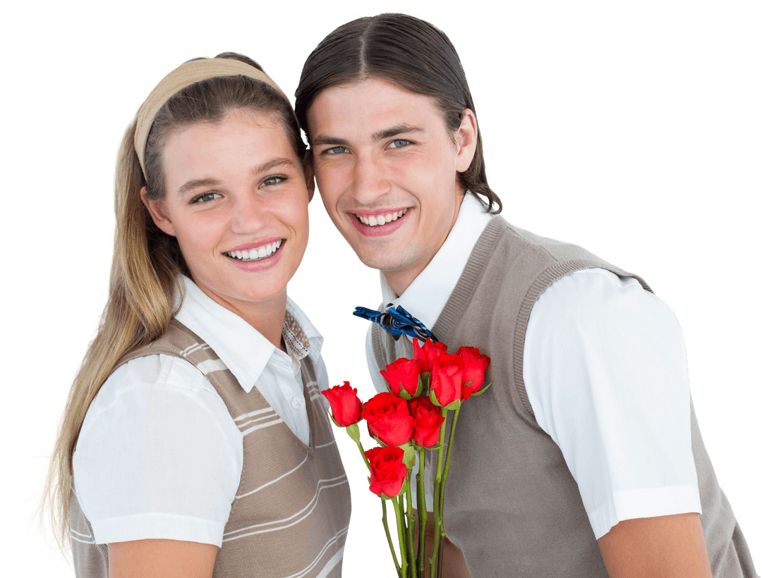 Transparent Image of Smiling Couple Holding Roses