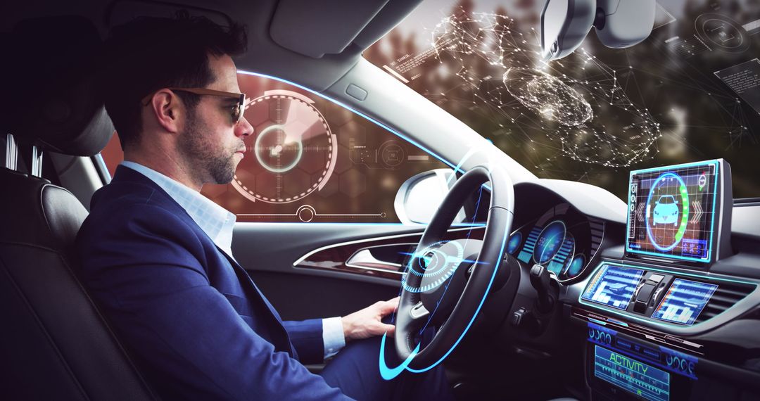 Businessman in High-Tech Self-Driving Car with Digital Interface