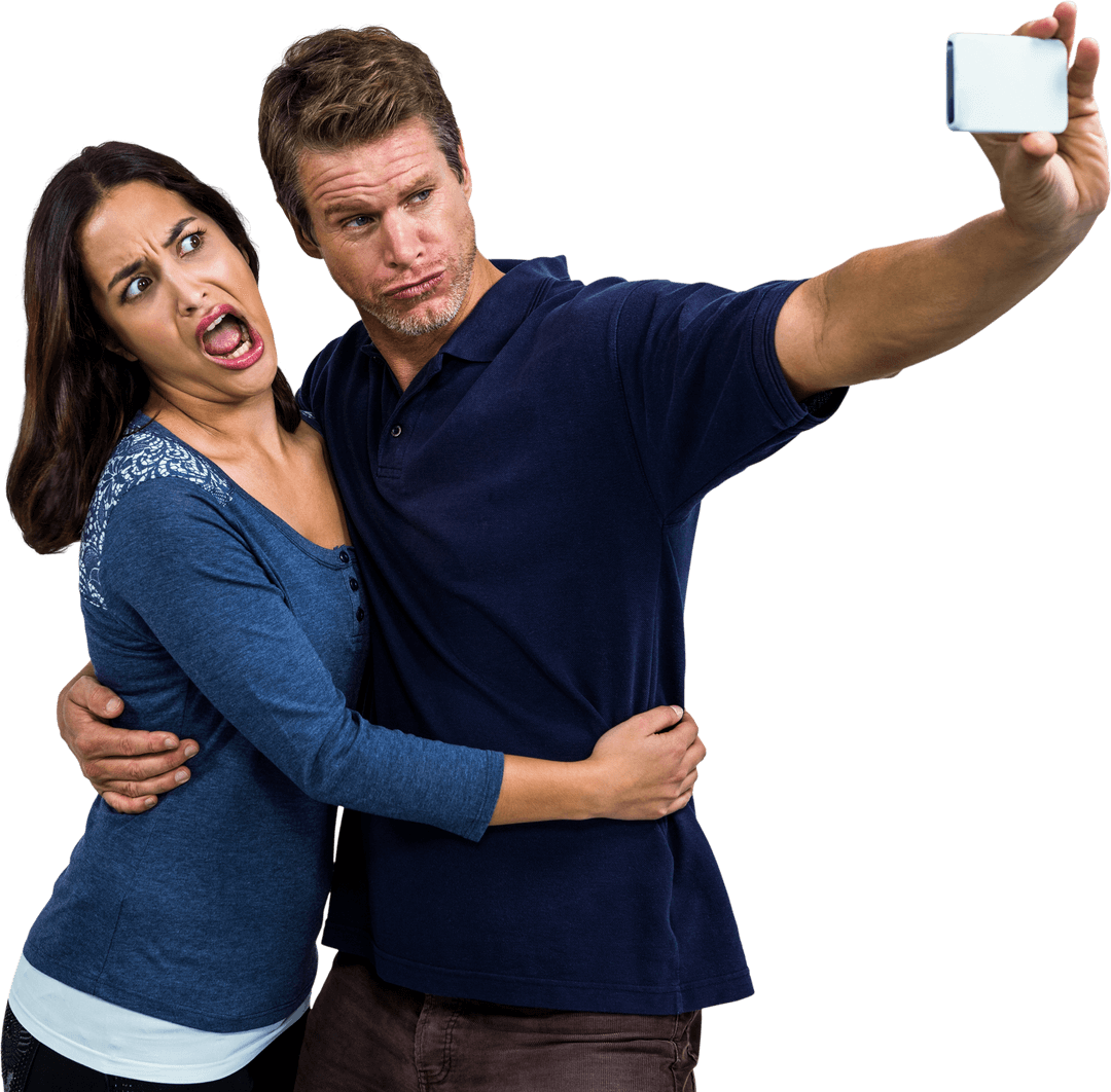 Playful Couple Taking a Humorous Selfie on Transparent Background