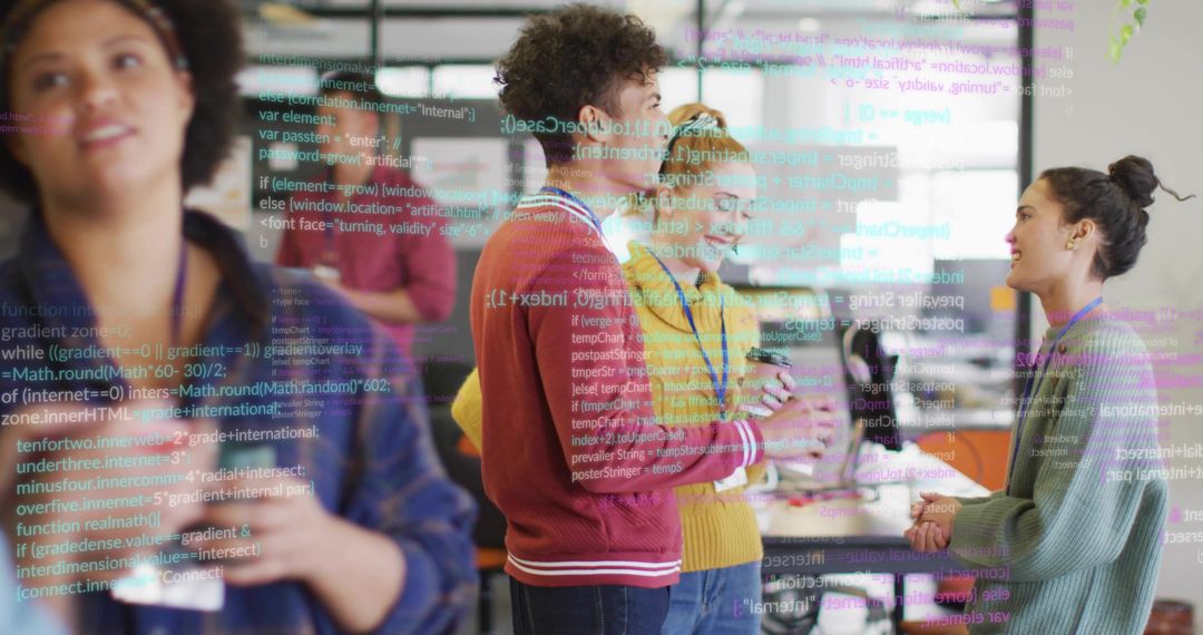 Diverse Coworkers Collaborating on Code in Modern Tech Workspace