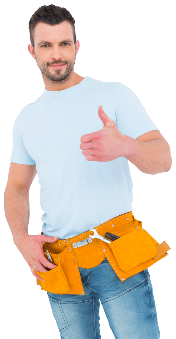 Handyman Giving Thumbs Up with Tool Belt Transparent Background