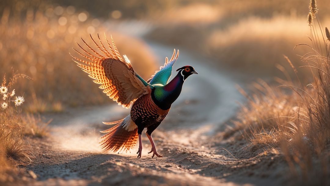 Pheasant animal displaying feathers on sunny rural path