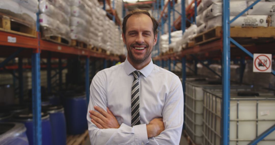 Confident Businessman Smiling in Warehouse Storage Aisle - Free Images, Stock Photos and Pictures on Pikwizard.com