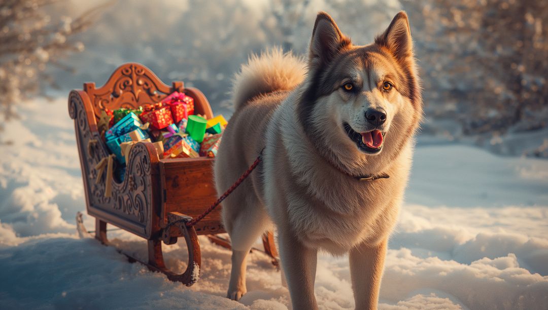 Festive Husky Pulling Sleigh with Gifts in Snowy Forest
