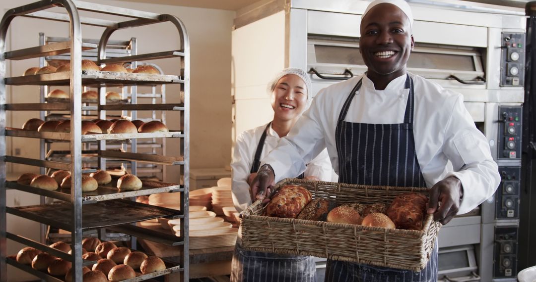 Chefs in Bakery Holding Freshly Baked Bread Loaves - Free Images, Stock Photos and Pictures on Pikwizard.com