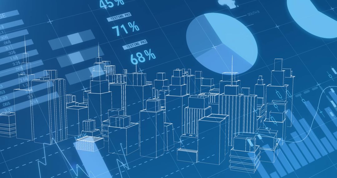 Digital Cityscape Over Data Graphs Representing Technology