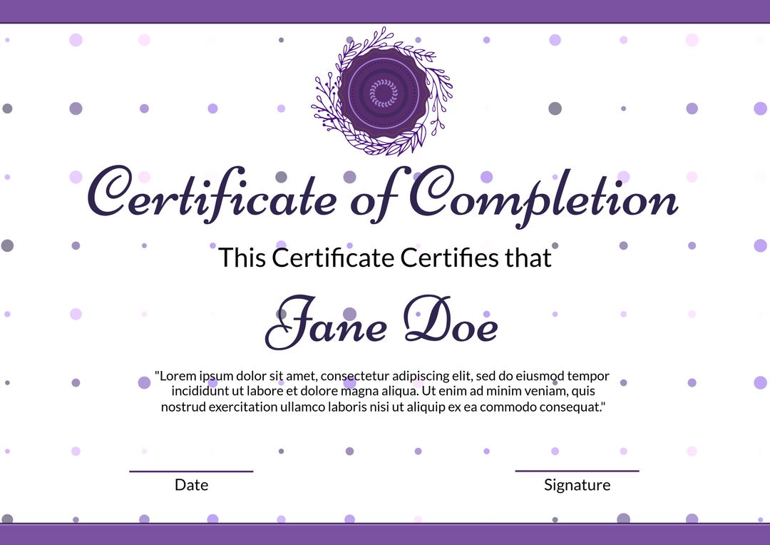 Elegant Certificate of Completion Template with Purple Accents - Download Free Stock Templates Pikwizard.com