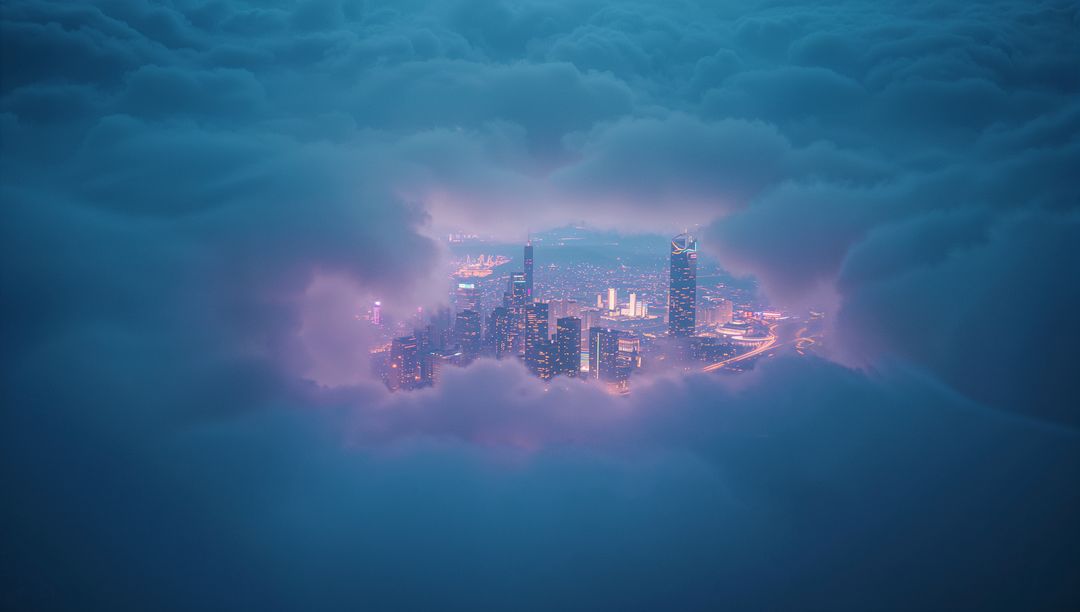 Futuristic City Skyline Illuminated Through Clouds at Dusk
