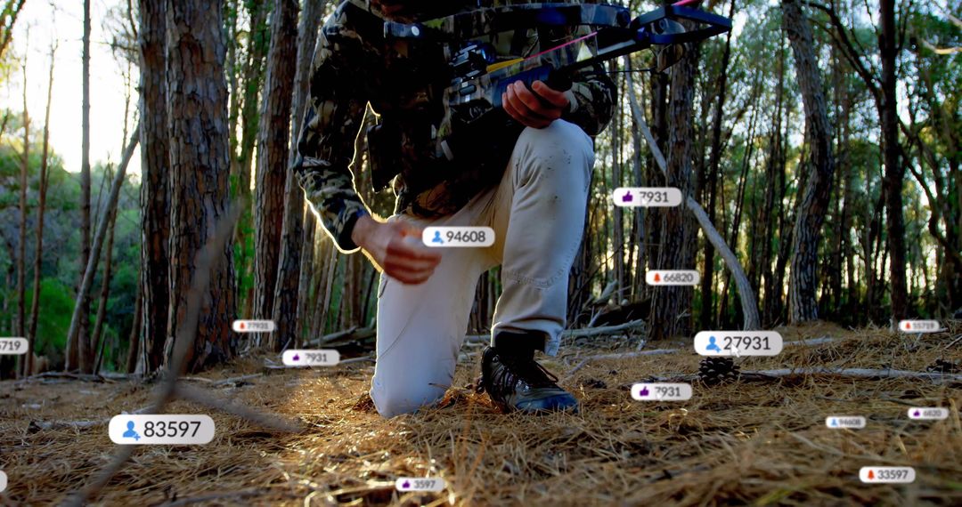 Digital Metrics Overlay with Hunter in Pine Forest with Bow