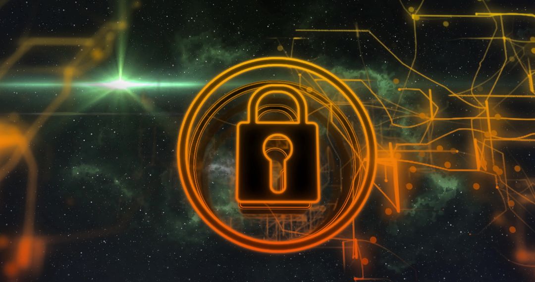 Cybersecurity Concept with Lock Over Digital Galaxy Background