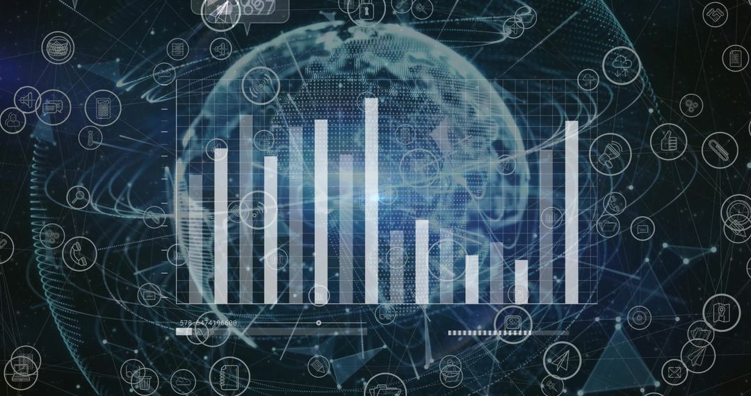 Digital Global Interface with Media Icons and Data Graphs