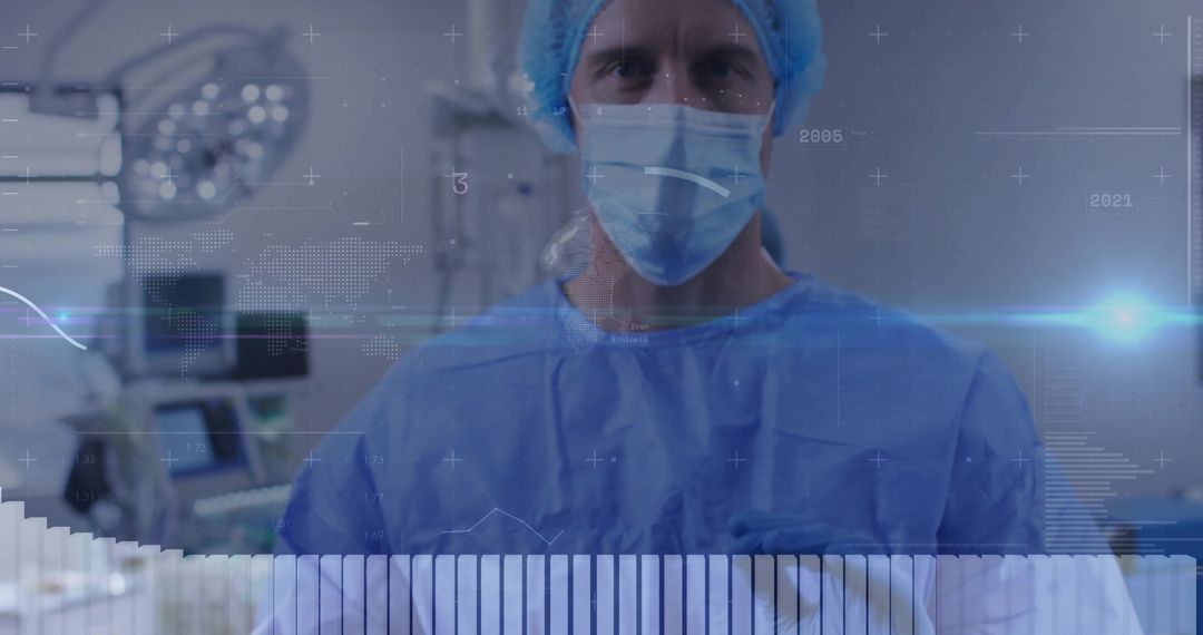 Surgeon in Modern Operating Room with Digital Interface Overlays