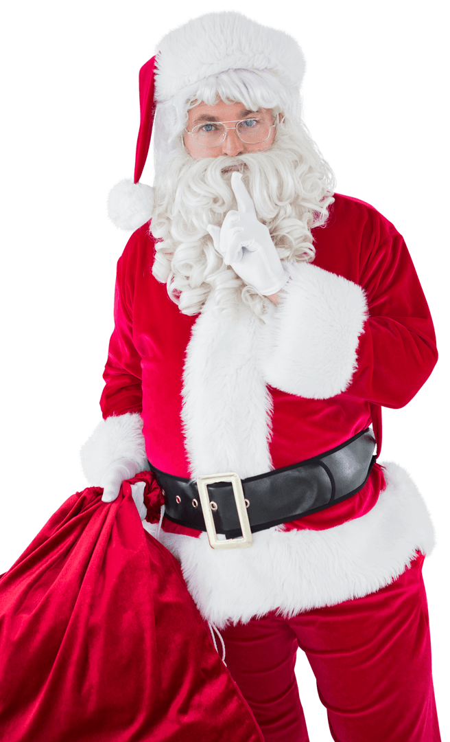 Transparent Santa Claus Holding Sack with Finger on Lips