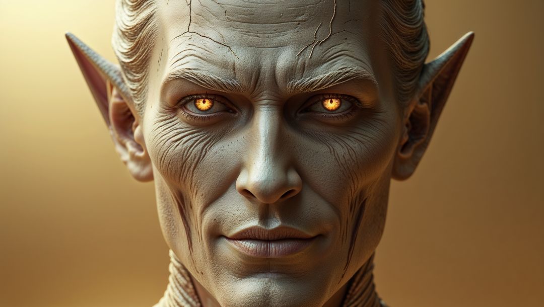 Eerie light-eyed lucifer with piercing stare in mystical digital art