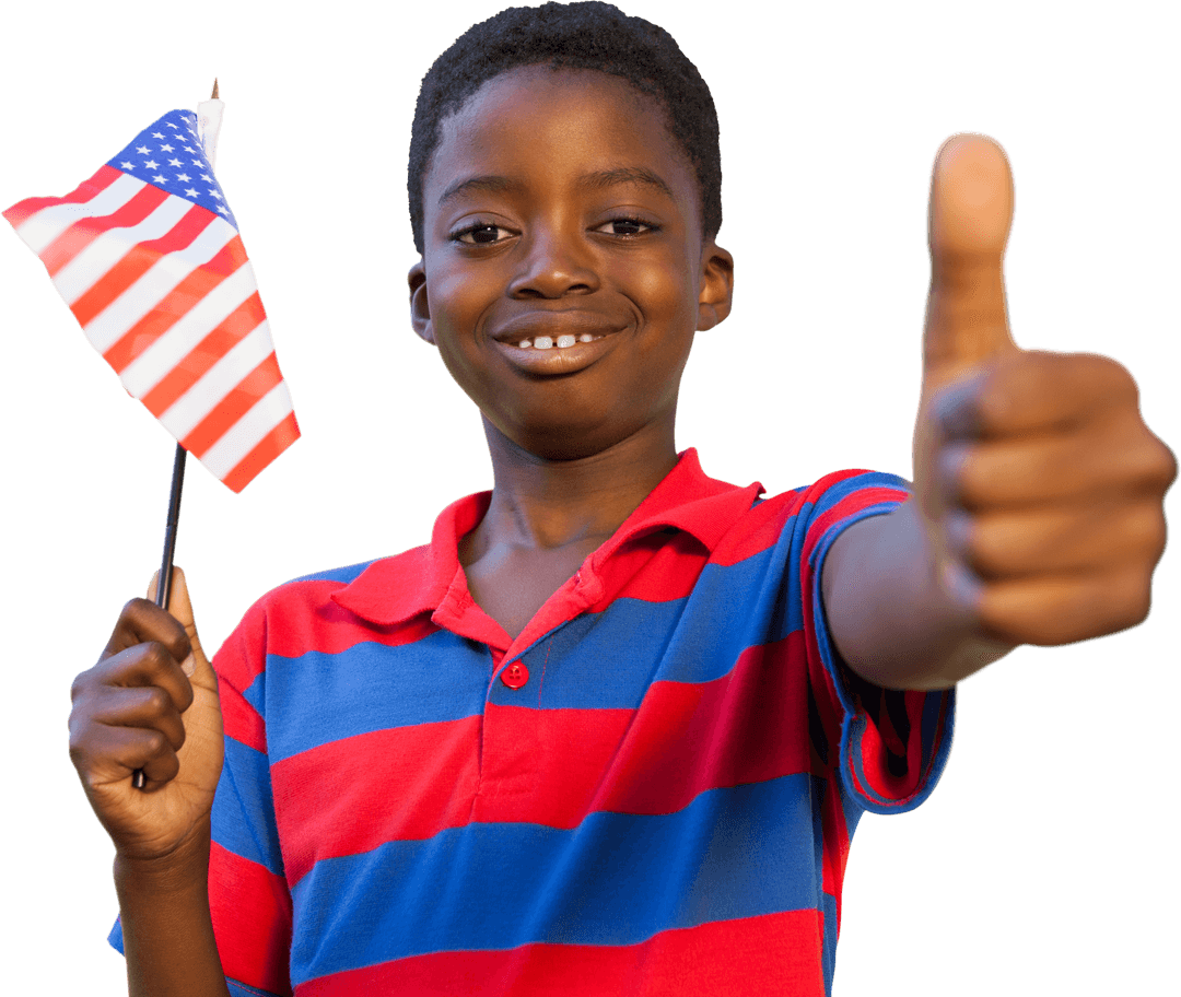 Smiling Boy Holding American Flag Thumb Up Transparent Background