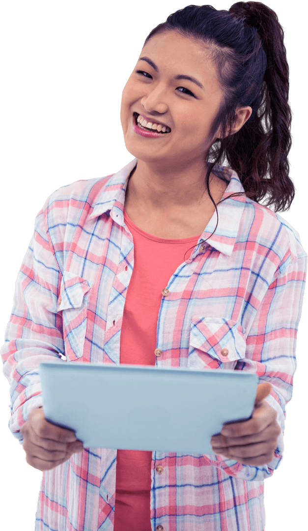Smiling Asian Woman Engaging with Tablet on Transparent Background
