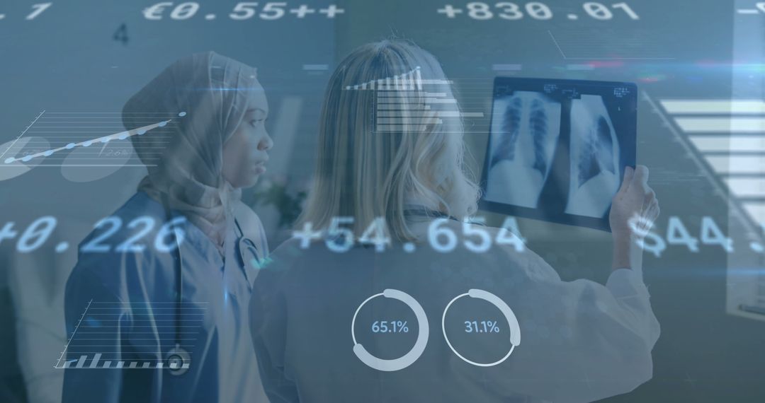 Doctors Analyzing X-Ray with Data Overlays: Advanced Medical Collaboration