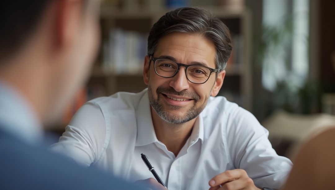 Professional Consultant Smiling During Client Meeting in Modern Office