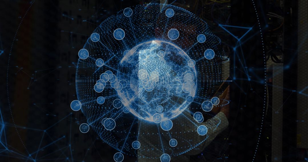 IT Engineer Analyzing Digital Globe in Futuristic Data Center