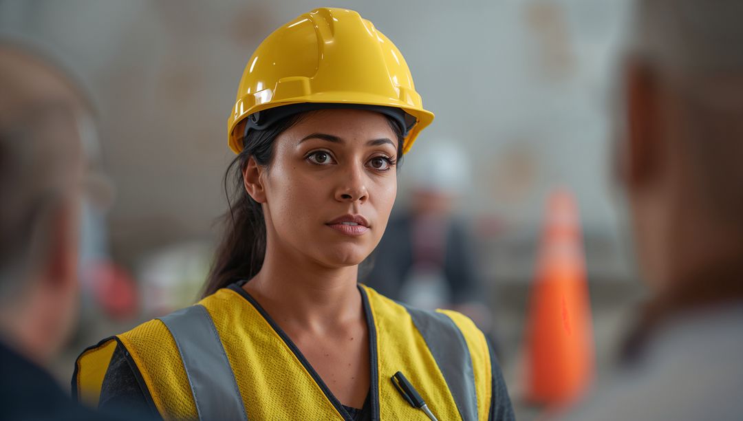 Focused Female Engineer in Hard Hat at Construction Site