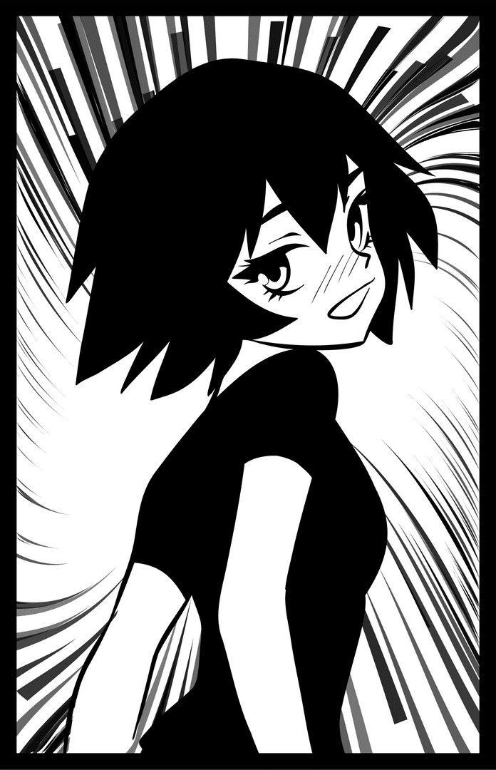 Dynamic Monochrome Anime Figure Smirking with Blushing Expression on Transparent Background