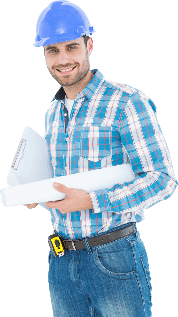 Confident Architect Holding Blueprint Wearing Hard Hat Transparent Background