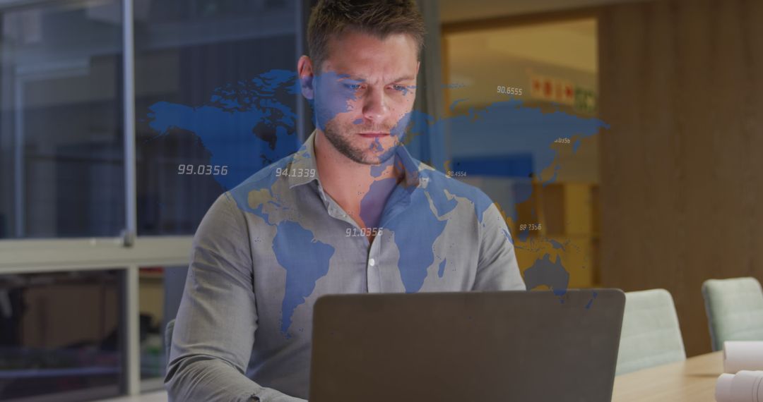 Focused Businessman Analyzing Global Data in Office Environment