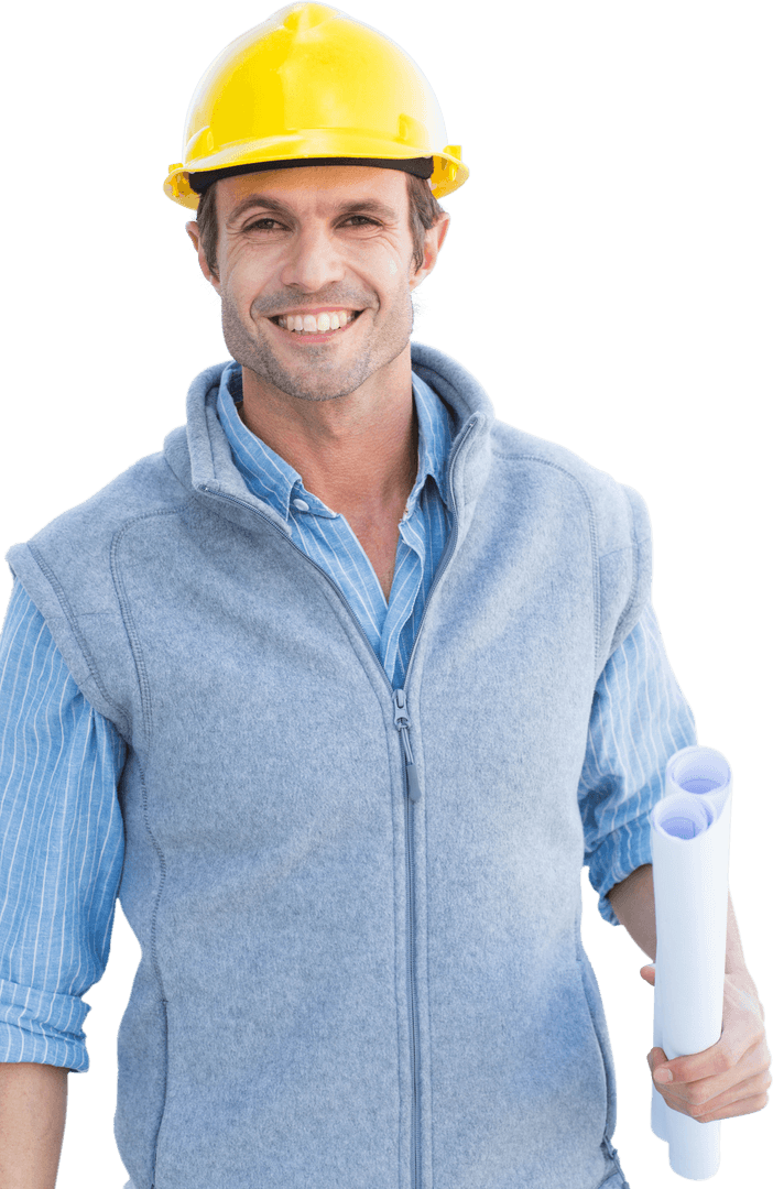 Confident Architect Holding Plans on Transparent Background