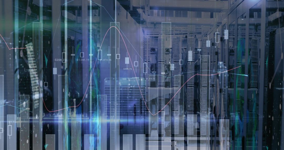 Technicians monitoring server racks as candlestick charts and analytics overlay data center