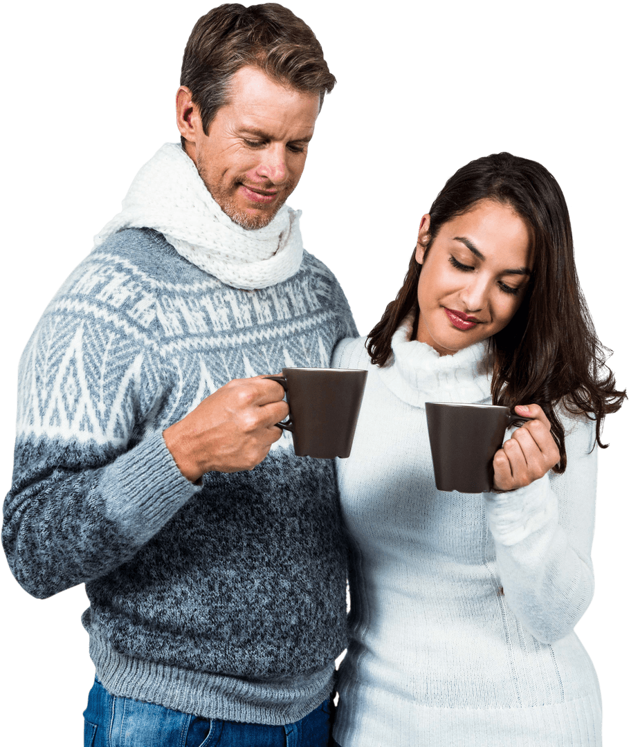 Couple Enjoying Hot Drinks in Cozy Sweaters with Transparent Background