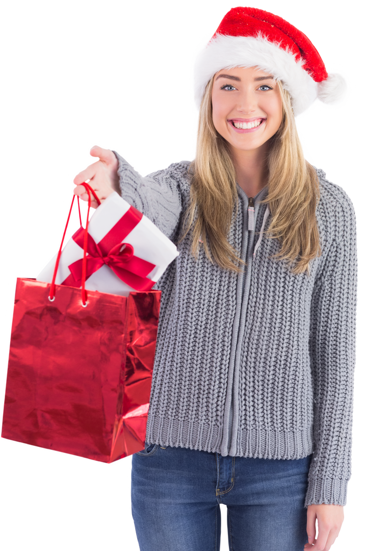 Smiling Woman with Red Christmas Gift Bag on Transparent Background - Download Free Stock Images Pikwizard.com