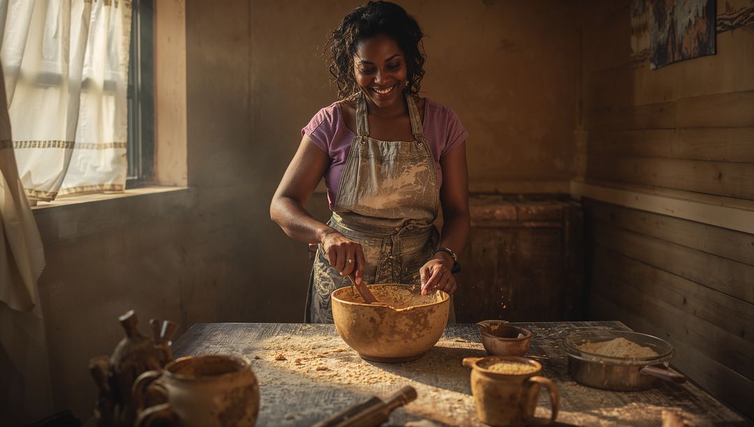 Smiling woman mixing artisan dough in sunlit rustic kitchen with wooden bowl and flour-dusted apron