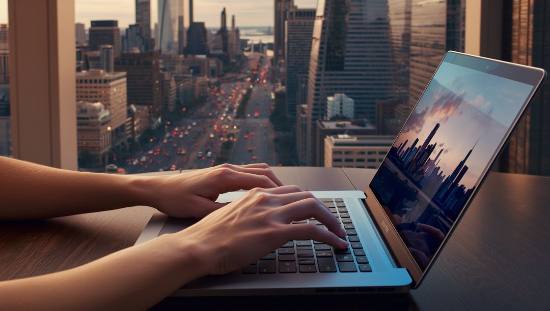 Professional Working on Laptop in Modern Office Overlooking City