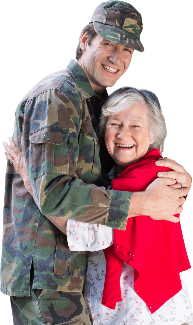 Transparent Joyful Soldier Hugging His Happy Mother