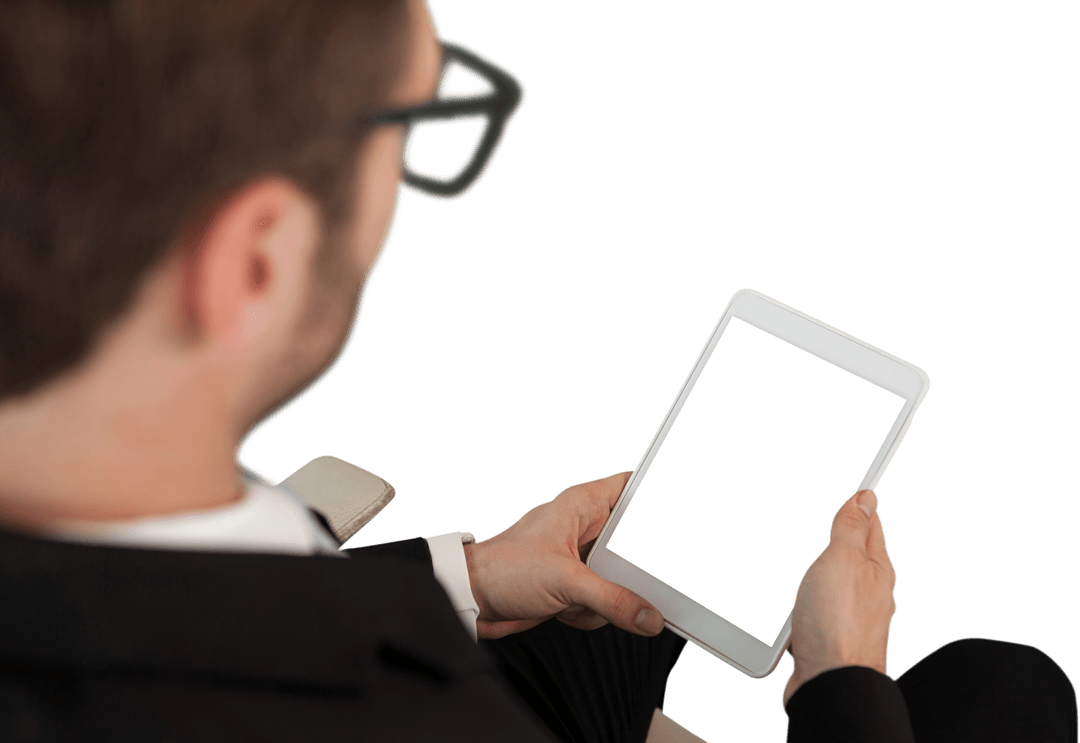 Businessman in Suit Using Digital Tablet, Transparent Background