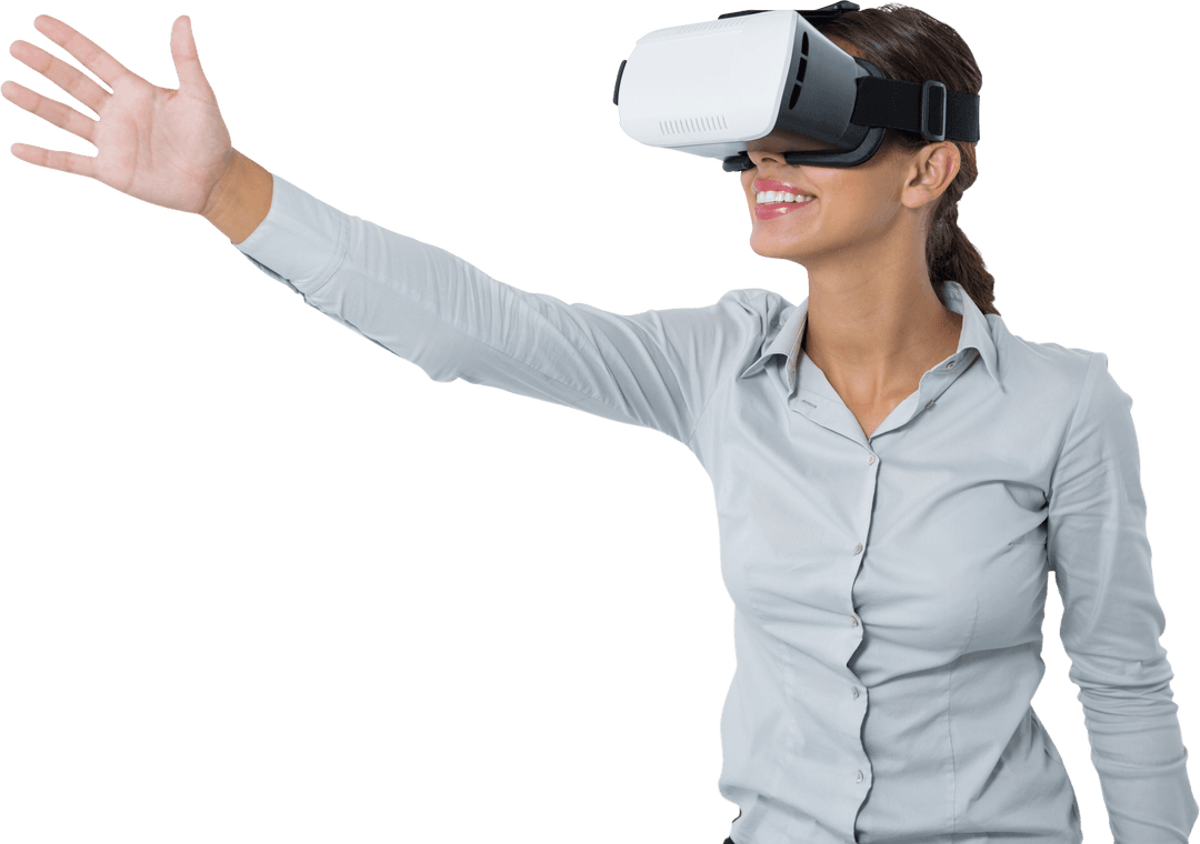 Businesswoman Exploring Future with Transparent Virtual Reality Headset