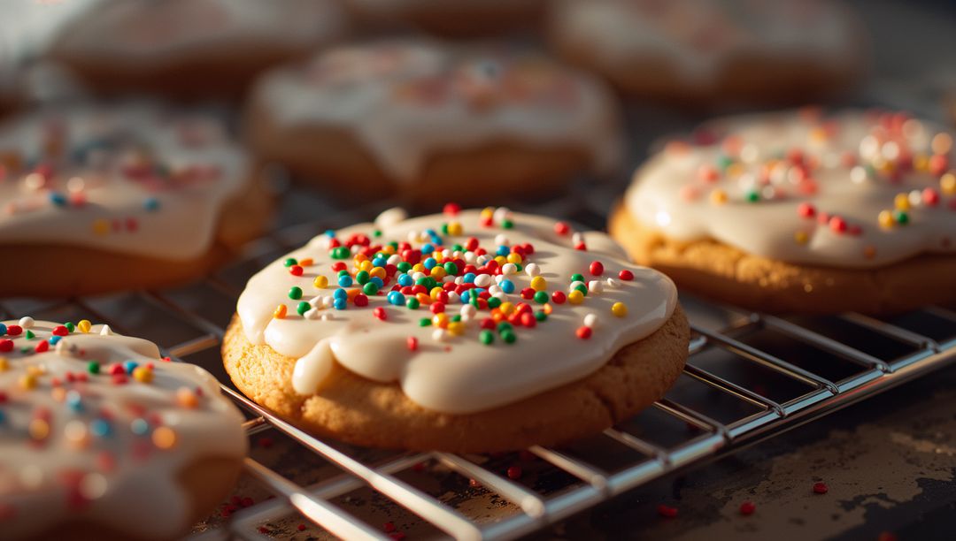 Fresh Baked Cookies with White Frosting and Sprinkles on Cooling Rack