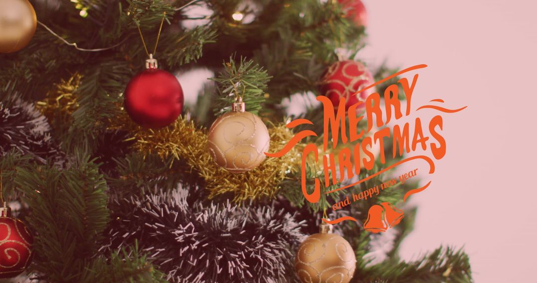Traditional Christmas Tree with Festive Ornaments and Greeting