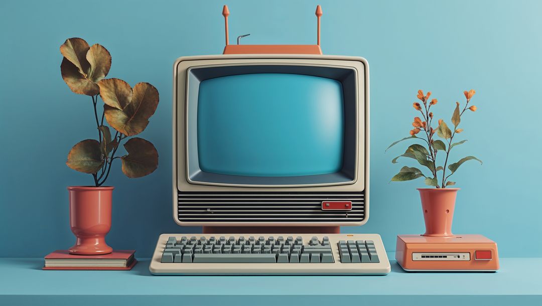 Retro Computer Setup with Floppy Drive and Potted Plants