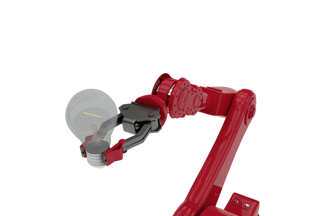 Red robotic arm holding light bulb transparent background