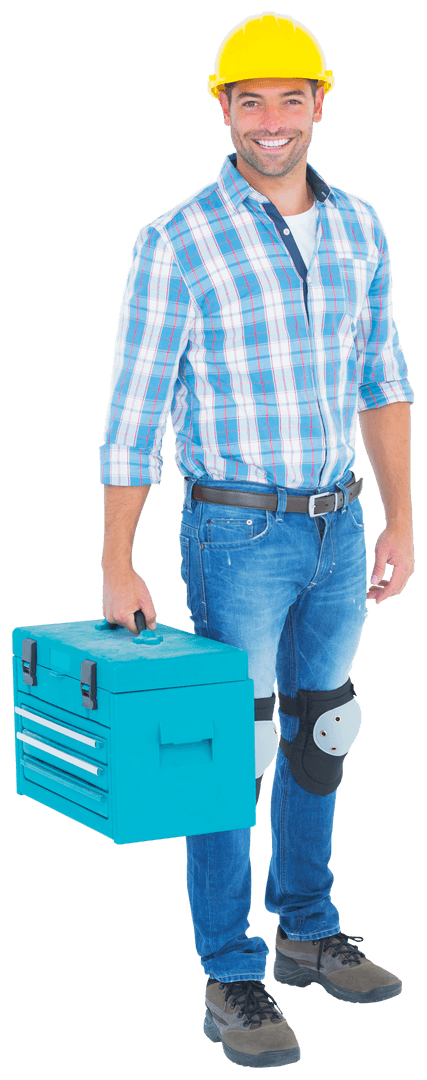 Smiling Repairman Holding Toolbox with Transparent Hard Hat and Knee Pads