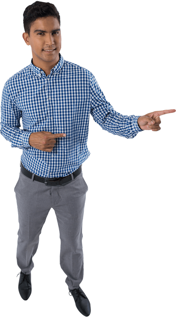 Positive Young Man in Checkered Shirt Pointing on Transparent Background