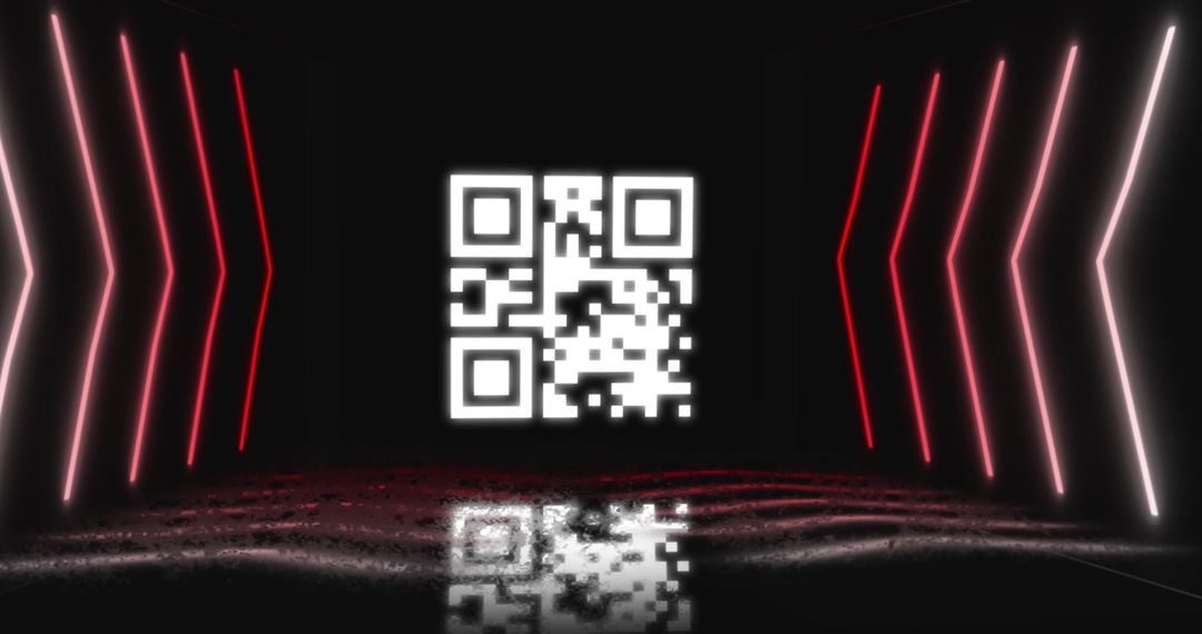 Glowing QR Code With Red Neon Arrows in Futuristic Room