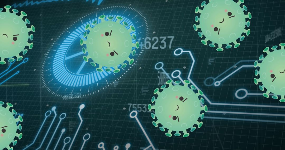 Covid-19 Cells and Circuit Board Illustrating Global Pandemic Data